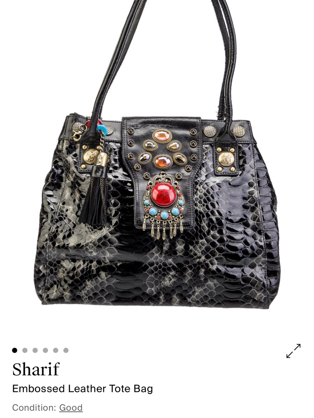 Black Embossed Patent Tote with Decorative Gem Accent - Picture 10 of 10